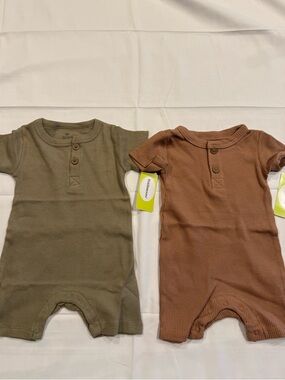 Kiddiezoom Waffle Knit Short Sleeve Baby Romper Set Olive & Rust- NWT